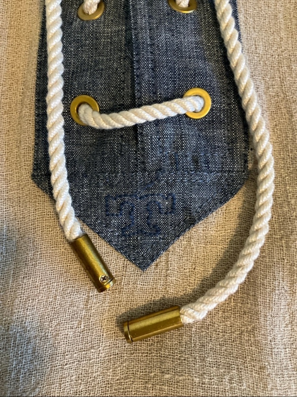 Tory Burch beige linen 3/4 sleeve top with denim accents and lace up front, 6 - Picture 5 of 9